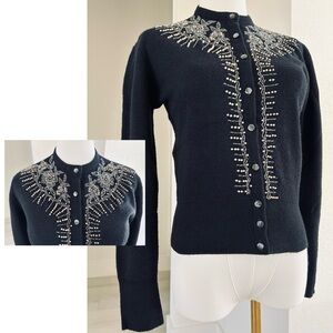 Susan Scott Vintage Black Beaded Cottagecore Cocktail Cardigan Sweater Small